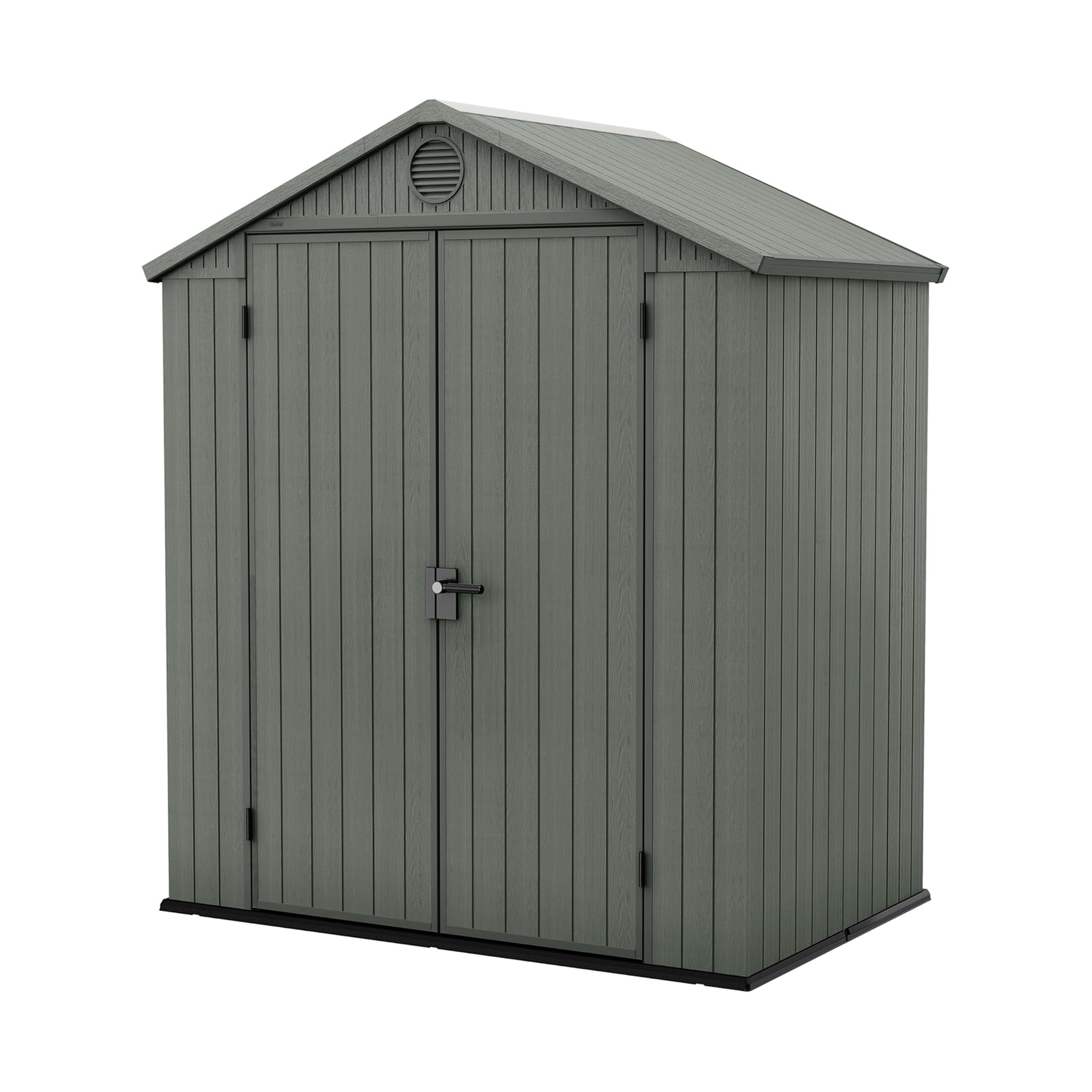 Keter Darwin 6x4 ft Double Door Garden Shed – Green, Wood-Effect with Skylight & Floor